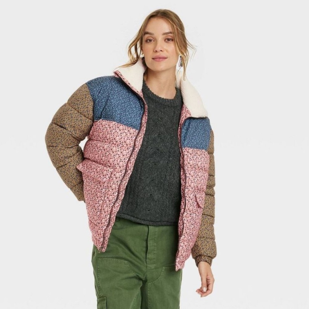 Universal Thread Colorful Patchwork Puffer Jacket… - image 1